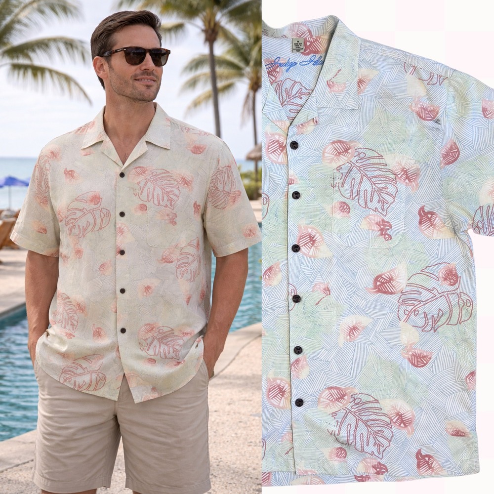 Tommy Bahama‎ 100% Silk Tropical Leaf Print, Mens Medium, Camp Shirt
